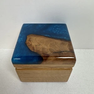 Eichenholz & blau Harz Ring Box Perle blau Ozean Wasser 2,75" Verlobung Geschenk Box - Bild 1 von 11