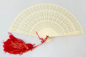 Ivory Colour Folding Fan Pierced Lacework With Red Tassel 17.5cm - Picture 1 of 5