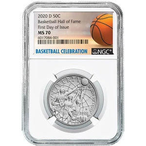 2020-D UNC 50c Basketball Hall of Fame Half Dollar NGC MS70 FDI Basketball Label - Picture 1 of 2