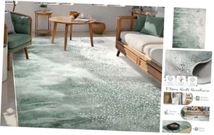 Washable Area Rugs, Green 9x12 Living Room Rug, Abstract Non Slip Dining Room - Picture 1 of 8