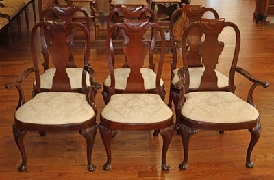 ​Set of 6 Baker Furniture Queen Anne Carved Mahogany White Damask Dining Chairs - Image 1 of 4