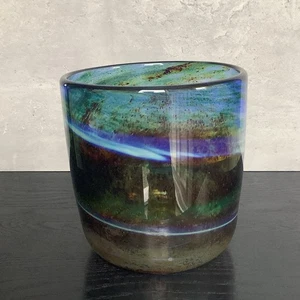 Isle Of Wight Aurene Glass Blue Green Mottled Cylinder Vase Michael Harris - Picture 1 of 10