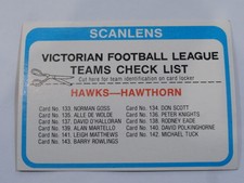 1979 SCANLENS CHECKLIST HAWTHORN HAWKS