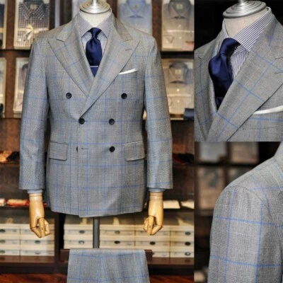 Traje a Cuadros Gris para Hombres Chaqueta Doble Pecho Solapa Pico Negocios Boda Fiesta Foto 1 de 4