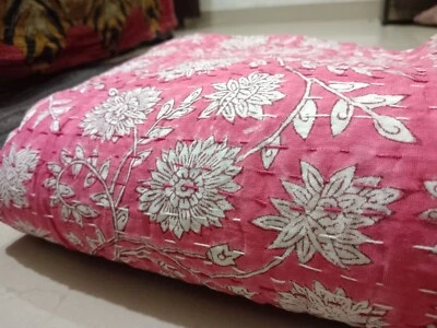 Pink White Floral Indian Kantha Quilt,blanket Cotton Queen Size Bedspread Throw - Image 1 of 4