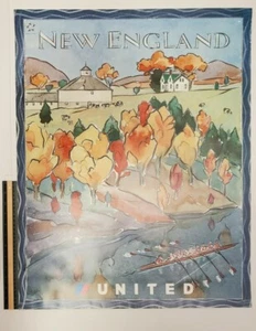 United Airlines Promo Poster New England 28" X 22" Water Color Frritz Dumville - Picture 1 of 11