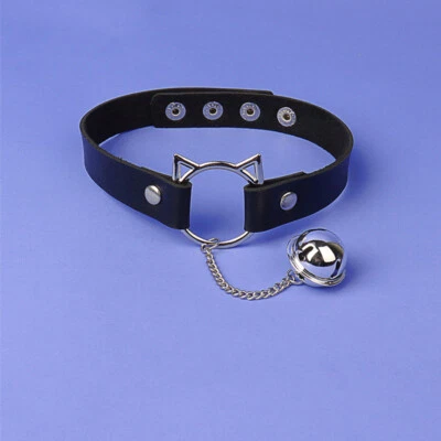 Cat Head Bell Leather Collar Dark Punk Pu Leather Choker Necklace Neckchain - Image 1 of 4