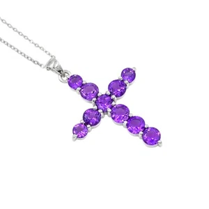 5 MM Round Cut Natural Amethyst 925 Sterling Silver Holy Cross Pendant Necklace - Picture 1 of 9
