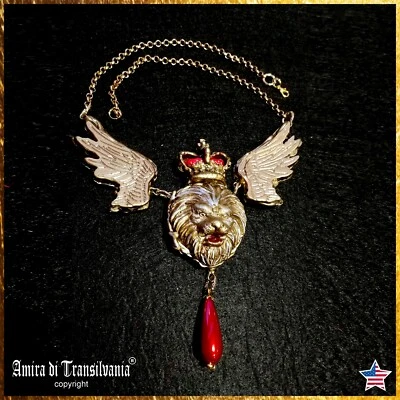 Necklace Pendant Winged Lion Royal Crown Gothic Viking Jewelry Chain Charm Wings - Image 1 of 4