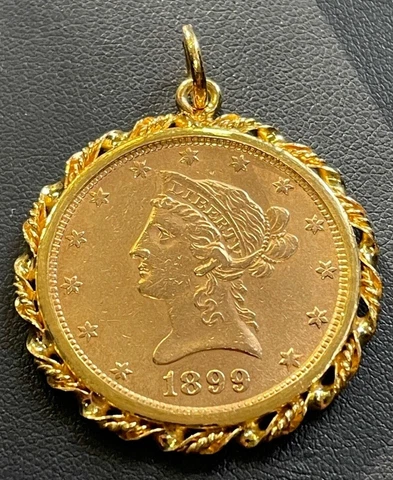 1899-P $10 Liberty Head Ten Dollar Gold Eagle Coin & 24kt. Rope Bezel/Pendant Cover