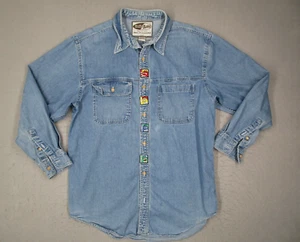 Vintage M&M Shirt Mens Large Blue Denim Button Up Long Sleeve Las Vegas Y2K - Picture 1 of 12