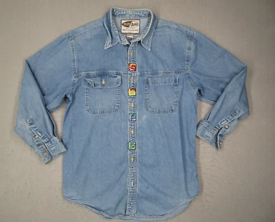 Vintage M&M Shirt Mens Large Blue Denim Button Up Long Sleeve Las Vegas Y2K - Image 1 of 4