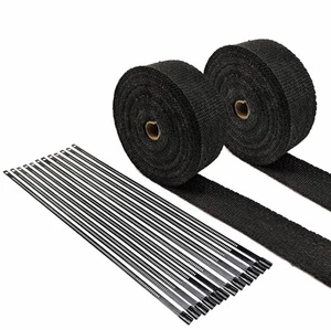 BLACK EXHAUST PIPE HEAT HEADER WRAP 2 ROLLS 1/16"X2"X 50 FT STAINLESS LOCK TIES - Picture 1 of 3