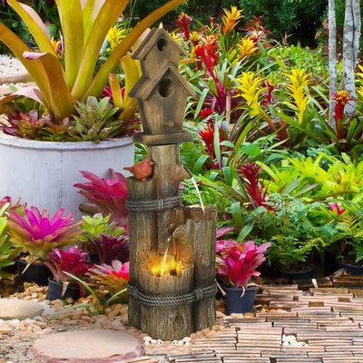 Outsunny Tree Trunk Outdoor Fountain with Birdhouse Backyard Water Feature - Image 1 of 4