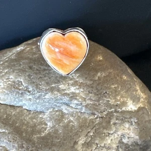 Orange Heart Ring Handmade Navajo Spiny Oyster Sterling Silver Sz 8 19327 - Picture 1 of 13