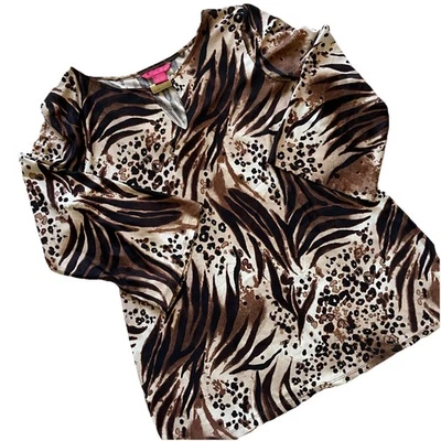 Sunny Leigh Animal Print Top Blouse Brown Black Leopard Zebra Large L - Image 1 of 4