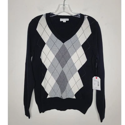 NUEVO CON ETIQUETAS St John's Bay Negro Blanco Gris Argyle Cuadros Algodón Cuello en V Suéter Pequeña Mascota Foto 1 de 4