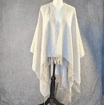 Bass Cape Cardigan Sweater Shawl Wrap Gray Beige Crochet Fringe One Size Boho - Image 1 of 4
