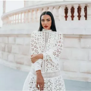 H&M Conscious Ivory Openwork Cream Lace Broderie High Neck Dress size M 12 14 - Picture 1 of 10