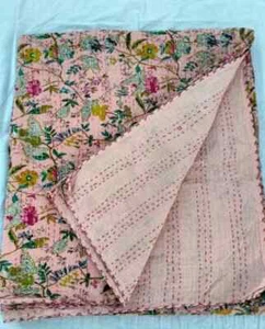 New Pretty Cotton Kantha Hand Block Print Bedspread Handmade Blanket King Size - Picture 1 of 3