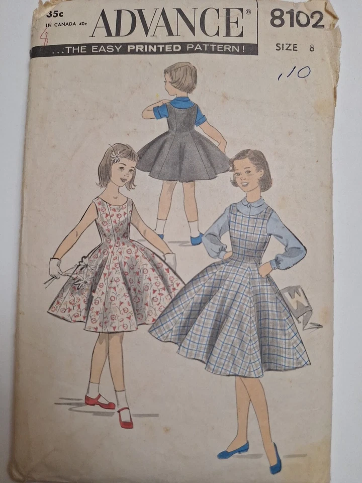 Jumper Dress Blouse Fit Flare Skirt Girls 8 Advance 8102 Sewing Pattern VTG - Image 1 of 4