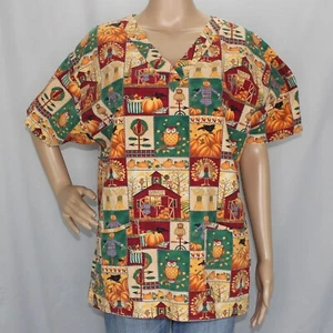 Blusa Médica Temática Otoño Manga Corta XL Nudo Us Espantapájaros, Búhos, Calabazas, Pavo - Imagen 1 de 12