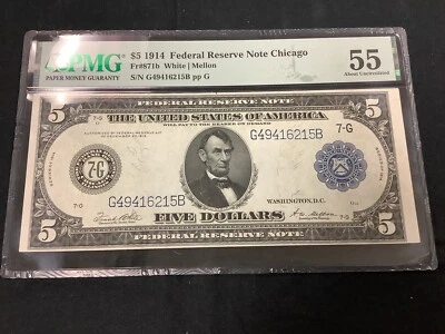 1914 $5 Federal Reserve Note from 7-G Chicago PMG Graded About Uncirculated 55! - Image 1 of 4
