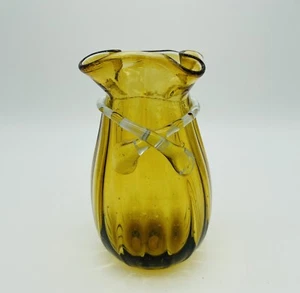 Vintage Amber Hand Blown Vase With Glass Ribbon Ruffled Top EX Cond F3 - Picture 1 of 8