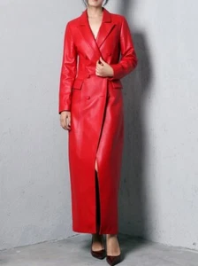 Extra Long Red Soft Faux Leather Trench Coat for Women Double Breasted Luxury - Picture 1 of 13
