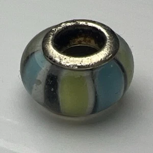925 Sterling Silver Retro Slide Charm Murano Glass Bubble Bead Blue Green Stripe - Picture 1 of 8