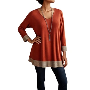 Chico’s Travelers Burnt Orange Metallic Trim Top abnehmbare Halskette Größe 3 Neu mit Etikett - Bild 1 von 7