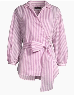 Weekend Max Mara Striped Cotton Silk Faux Wrap Blouse Size 14 Pink Lavender ￼ - Image 1 of 4