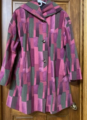 "Abrigo de lana Marimekko para mujer pequeño botón capucha de colección hecho en Finlandia 48x35"" moderno" Foto 1 de 4