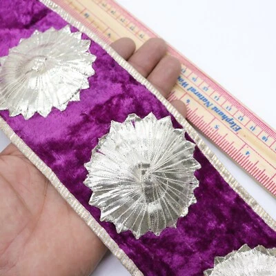2Y Silver Flower Embellish Wedding Sari Sewing Purple Trim Dress Decoration Lace - Image 1 of 4