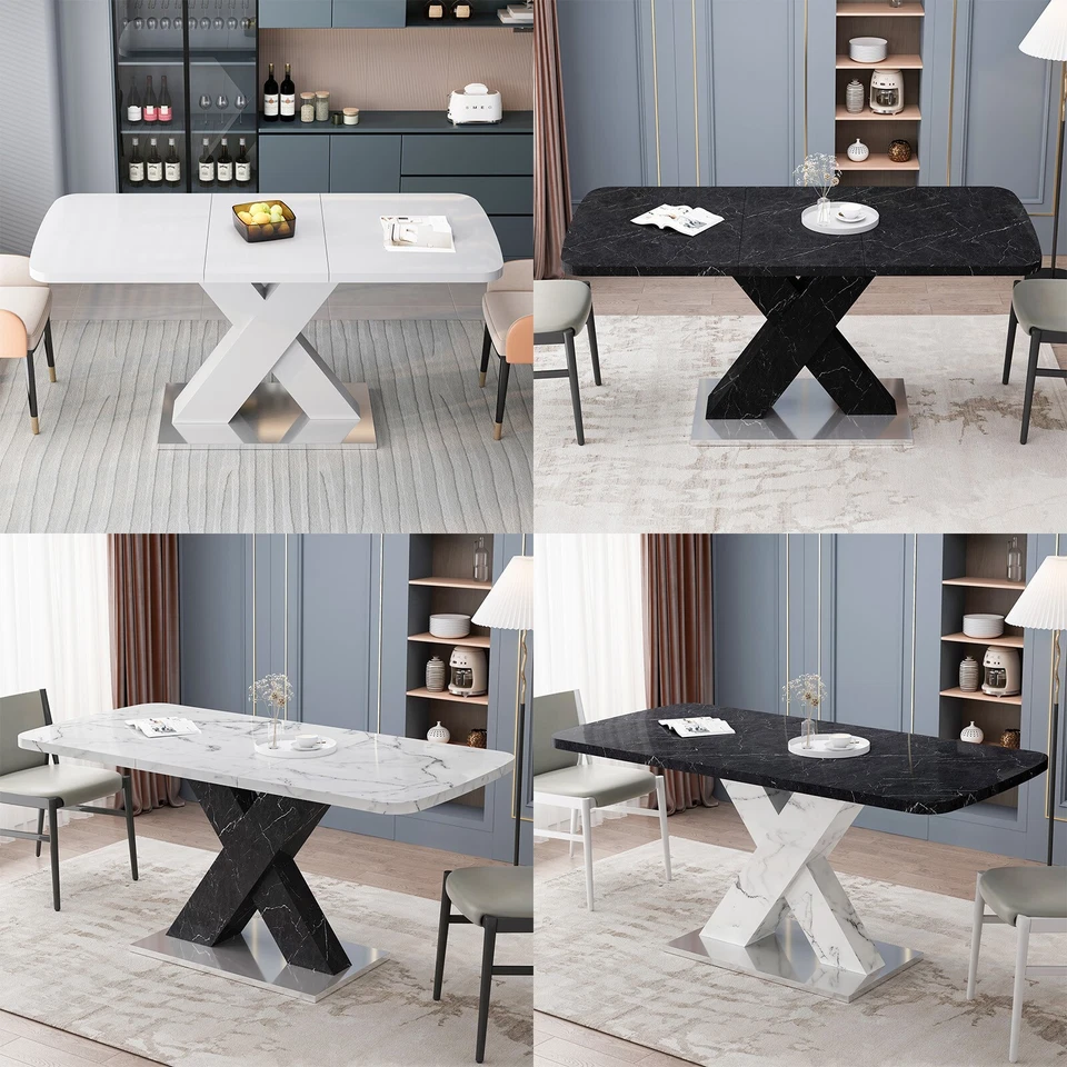 Mesa de comedor moderna elástica con mesa de mármol sintético y pata de mesa en forma de X Foto 1 de 1