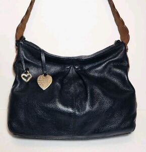 BRIGHTON RARE! GYPSY LACE NAVY LEATHER LACE STRAP WORDED CHARM SHOULDER BAG$320 