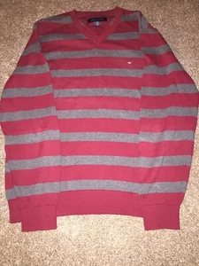 Tommy Hilfiger Red And Gray Striped Mens Long Sleeve Sweater Large V-Neck Cotton - Picture 1 of 9