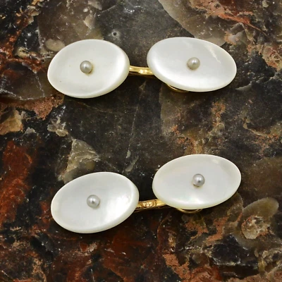 Gemelos Art Deco de piedras preciosas de madreperla de oro amarillo de 14k Foto 1 de 3