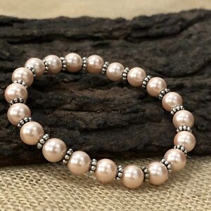 Natural Shell Pearl Gemstone Round Beaded Chakra Stretchable Charm Bracelet 7.5"