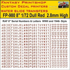 RAF 8" LETRAS NÚMEROS TOBOGÁN ACUÁTICO TRANSFERENCIAS MODELOS KITS CALCOMANÍAS FP-980 ROJO 1/72 - Imagen 1 de 10