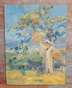 Antigua pintura impresionista al óleo sobre panel de artista de dama recogiendo árbol frutal - Imagen 1 de 7