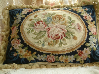 20" French Aubusson Design Vtg. Country Shabby Chic Navy Blue Needlepoint Pillow - Image 1 of 4