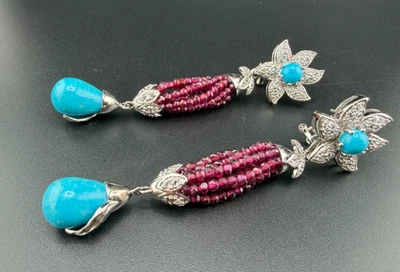 STERLING SILVER 925 FLOWER TURQUOISE & GARNET BEAD DROP DANGLE EARRINGS - Image 1 of 4