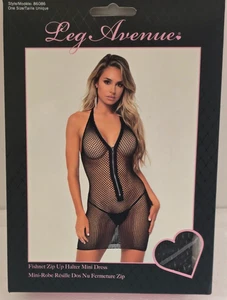 Black FISHNET ZIP UP HALTER MINI DRESS By Leg Avenue (86086) - Picture 1 of 2