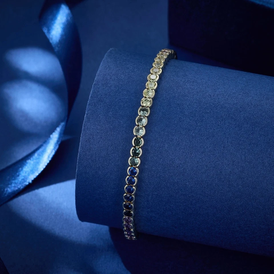 Conjunto de medio bisel redondo de oro amarillo de 14 quilates FN de 10 quilates de laboratorio creado pulsera de tenis arco iris Foto 1 de 4