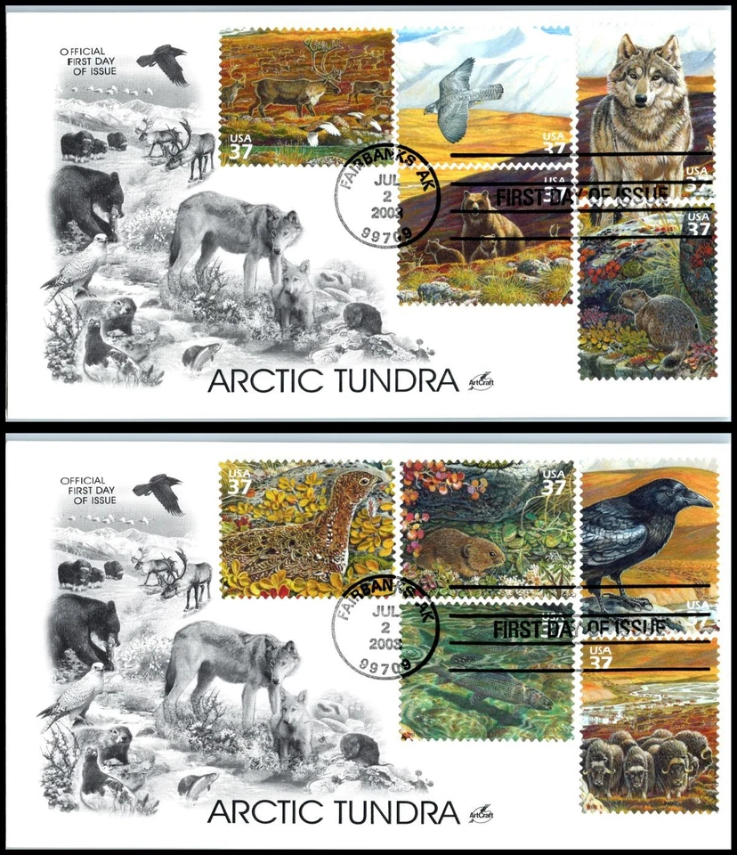 ❄2003 Arctic Tundra 37¢ Sc 3802a-j FDC ArtCraft wildlife caribou wolf raven bear - Image 1 of 1
