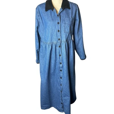 Denim Dress Womens 14 Studio Ease Long Sleeve Blue Black Collar Midi Prarie - Image 1 of 4