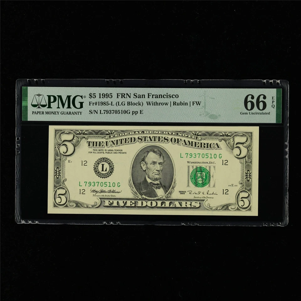 1995 FRN San Francisco 5 Dollars Fr#1985-L PMG 66 EPQ Gem UNC - Image 1 of 4