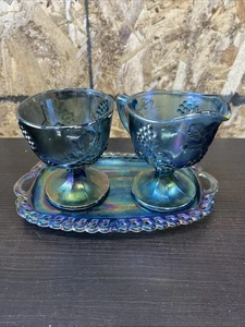 Indiana Vintage Carnival Glass Sugar Creamer Tray Iridescent Blue Harvest Grape - Picture 1 of 7
