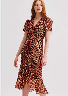 Vestido Milly Gynn Metálico Midi Manga Abullonada Imitación Envolvente Volantes EE. UU. 2 Reg $425 Nuevo con Etiquetas Foto 1 de 4